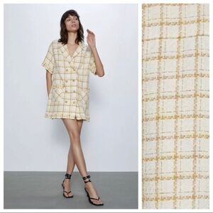 Zara Womens Short Blazer Dress Large Frayed Trim Double Breasted Plaid 2452/492